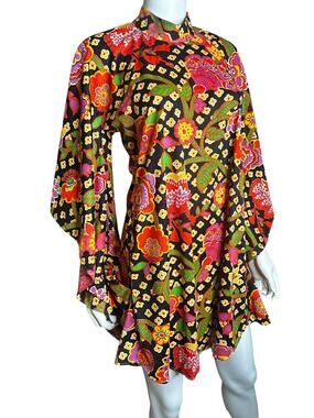 Custom 1970s Floral Patchwork Mini Caftan | High Neck Circle Sleeve Dress XS-L